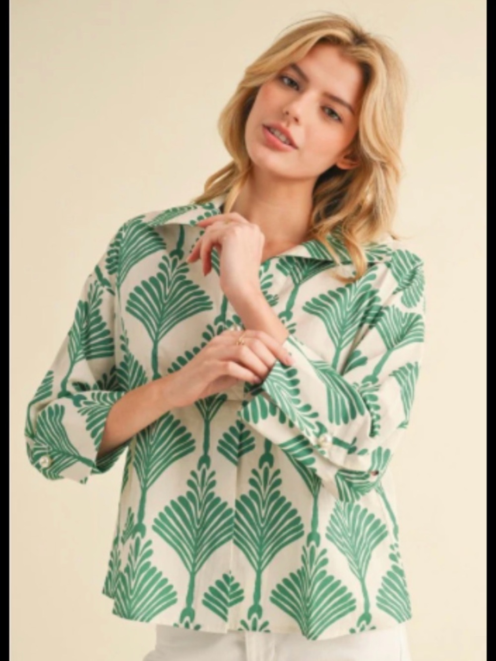 Cream Button-Down Shirt with Green Palm Motif